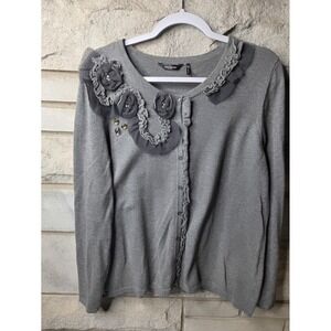 Daisy Fuentes Gray Floral Applique Rhinestone Button Front Cardigan Sweater XL